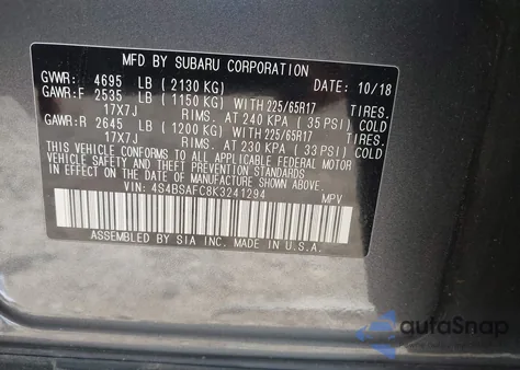 2019 Subaru Outback 2.5I Premium z USA, uszkodzony, nr VIN 4S4BSAFC8K3241294